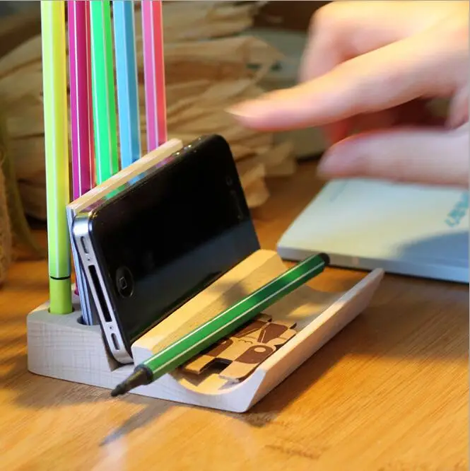 

1pcs/set Multifunctional desktop storage pen wood mobile phone base mount lounged mount business card box wood pen holder