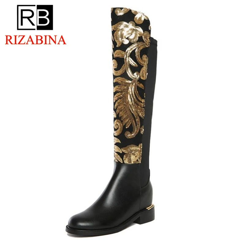 RIZABINA/размеры 34 42 женские сапоги из натуральной кожи до колена на молнии с круглым