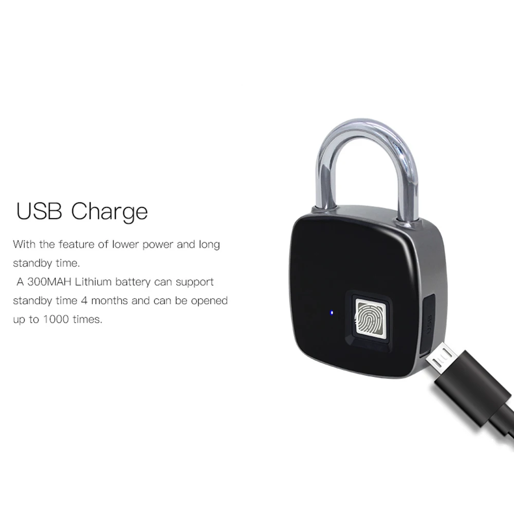 

USB Rechargeable Smart Keyless Fingerprint Lock Smart Waterproof Security Electronic Backpack Luggage Cabinet Door Lock Padlock