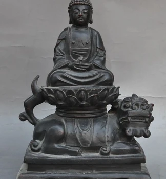

old chinese buddhism bronze sakyamuni Shakyamuni buddha ride foo dog lion statue