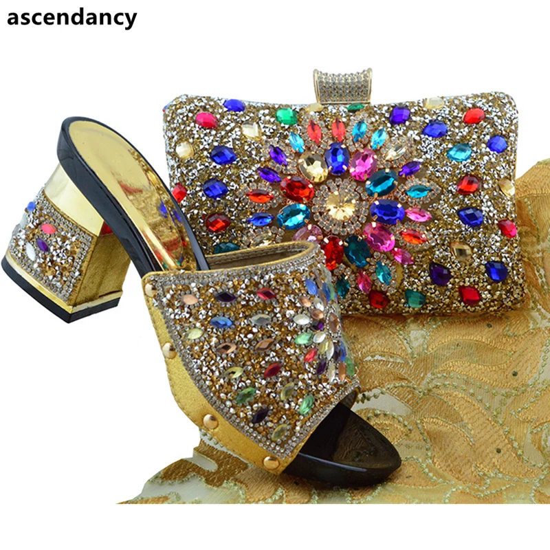 

Latest Design Italian Shoes with Matching Bags Set Decorated with Rhinestone Nigerian Shoes and Matching Bags Set for Wedding