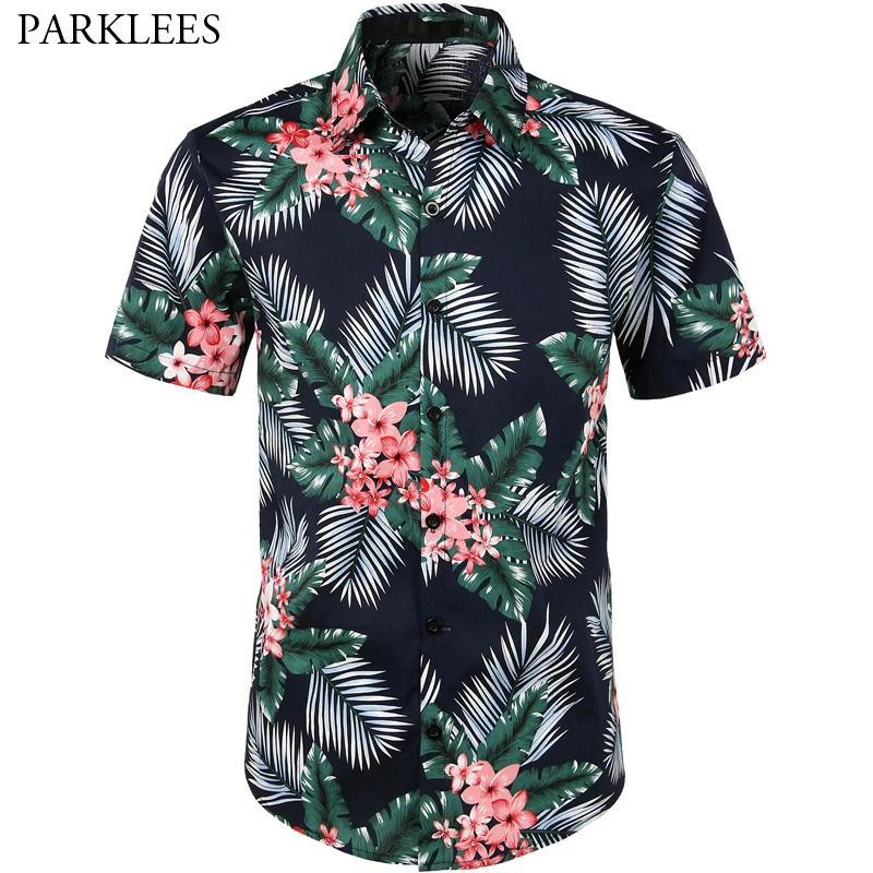 Mens Hawaiian Short Sleeve Beach Shirts Palm Tree Tops Summer T-Shirt Blouse