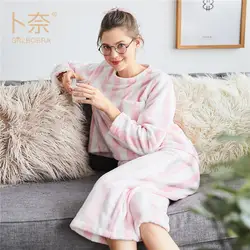 Зимние пижамы для женщин полиэстер Полный мотобрюки леди из двух частей пижамный комплект в полоску фланель Женская домашняя одежда