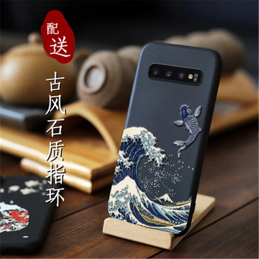 

2019 Emboss Phone Case For Samsung Note 9 cover Kanagawa Waves Carp Cranes 3D Giant relief Case For Samsung Note 8