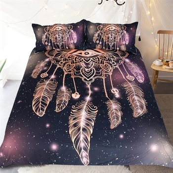 

3D Golden Feathers Bedding Set Indian Boho Duvet Cover Animal Horns Bed Set Black Dreamcatcher Bedclothes twin Queen king Size