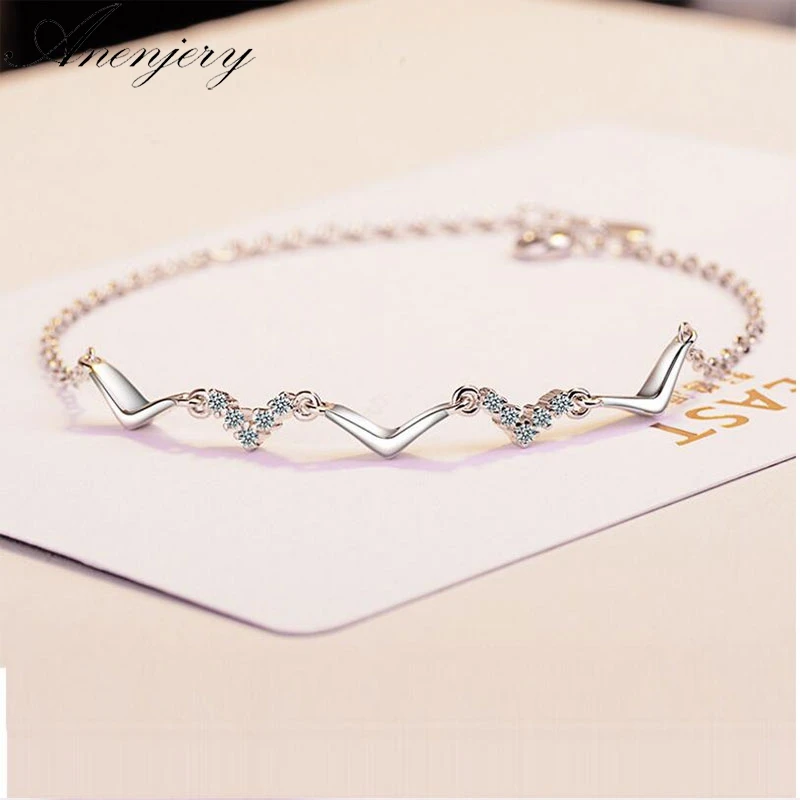 

Anenjery New Simple Fashion 925 Sterling Silver Wave Bracelet For Women Zircon Jewelry pulseira feminina S-B148