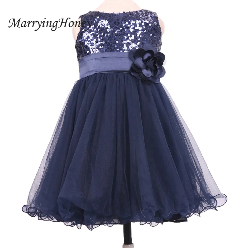 

Flower Girl Dress 2017 New Girls Sequins Birthday Wedding Party Dresses Kids Navy Blue Tutu Mesh Costume Children Clothes