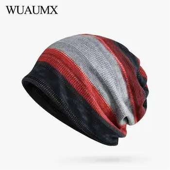 

Wuaumx Autumn Winter Striped Beanies Hats For Women and Men Turban Hat With Velvet Head Warm Skullies Beanies Cap czapka zimowa