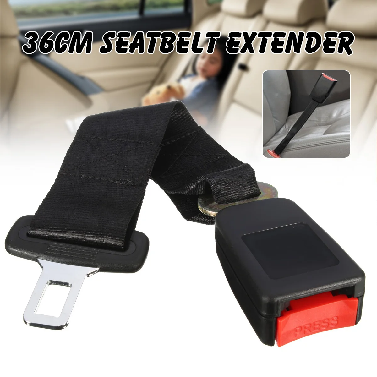 

1pc 14inch Black Safety Belt 7/8inch Buckle Seat Seatbelt Extender Extension Polyester Overall length 360 mm