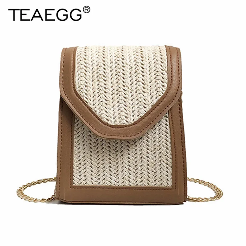 

TEAEGG Female Simple Chains Weaving Straw Bags Women Shoulder Bags Messenger Bag 2019 Leather Patchwork Handbags Female Chic