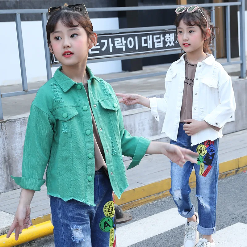 

kids clothes Girls denim suit 2019 autumn new girls print denim suit sports fashion two-piece hole denim suit children sets