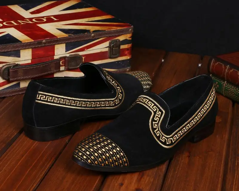 Новые модные черные из нубука на плоской подошве Chaussure Homme Gold Toe вышивка эспадрильи без шнуровки мужская обувь