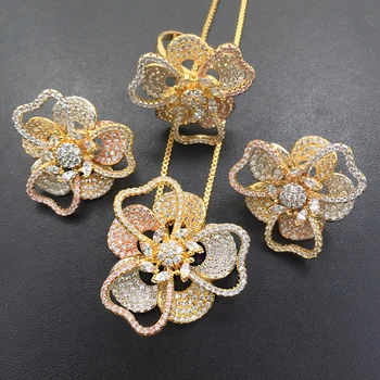 

Lanyika Jewelry Set Artistic Exaggerated Flowers Necklace with Earrings and Ring Cubic Zircon Micro Paved Party Bridal Best Gift