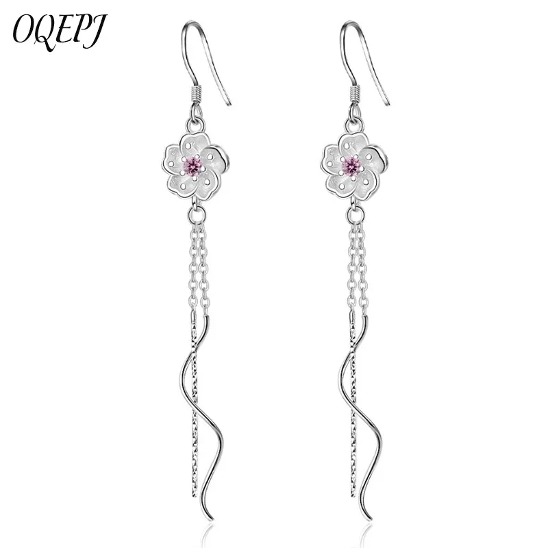 

OQEPJ Trendy Korean Tassel Cherry blossoms Wave Earrings 925 Sterling Dangle Drop Silver Jewelry Long Chain Earrings Plant