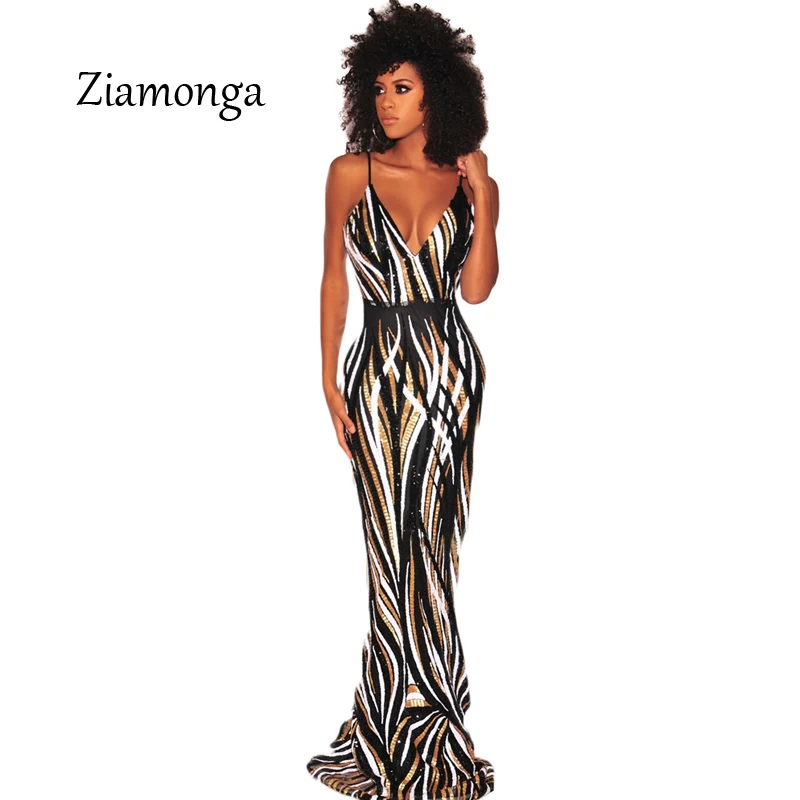 Ziamonga v-образным вырезом Длинные платья русалки женский Блестками Пол