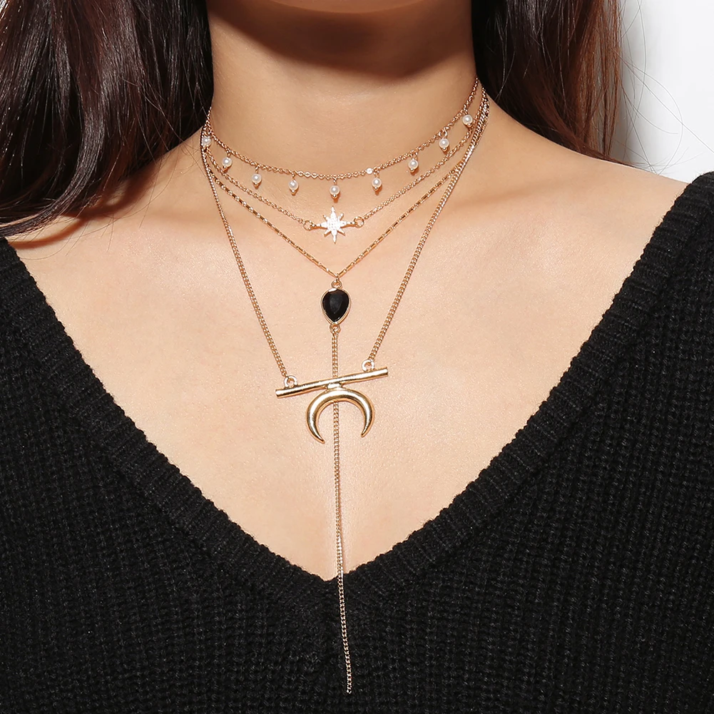 

Fashion Faux Pearl Choker Multi-layer Moon Women Chain Necklace Jewelry Gift