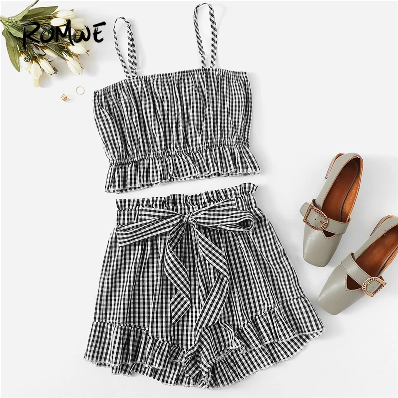 

ROMWE Black and White Gingham Ruffle Hem Camisole Top With Knot Wide Leg Shorts Women Summer Beach Boho Two-Pieces Sets