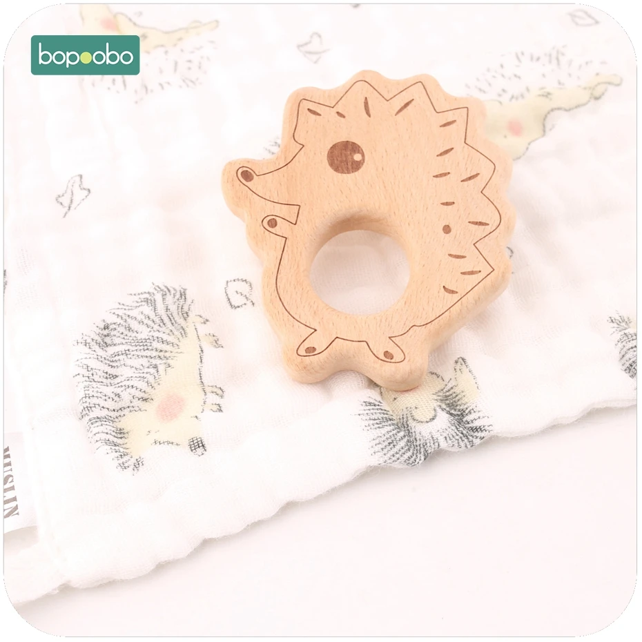 

Bopoobo Wooden Teether Baby Bibs 2PC/Set Lovely Cartoon Hedgehog Eco-friendly Teething Nursing Girl DIY Pendant Toys Baby