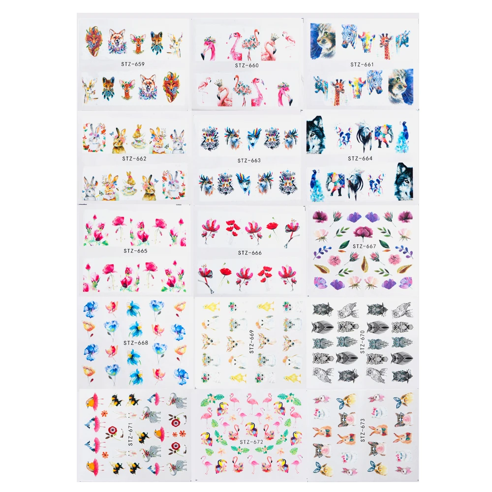 15 листов, Набор наклеек для ногтей, водные переводные наклейки, очаровательный цветок, мультяшный дизайн, кончики для ногтей, для маникюра, LASTZ659-673-1