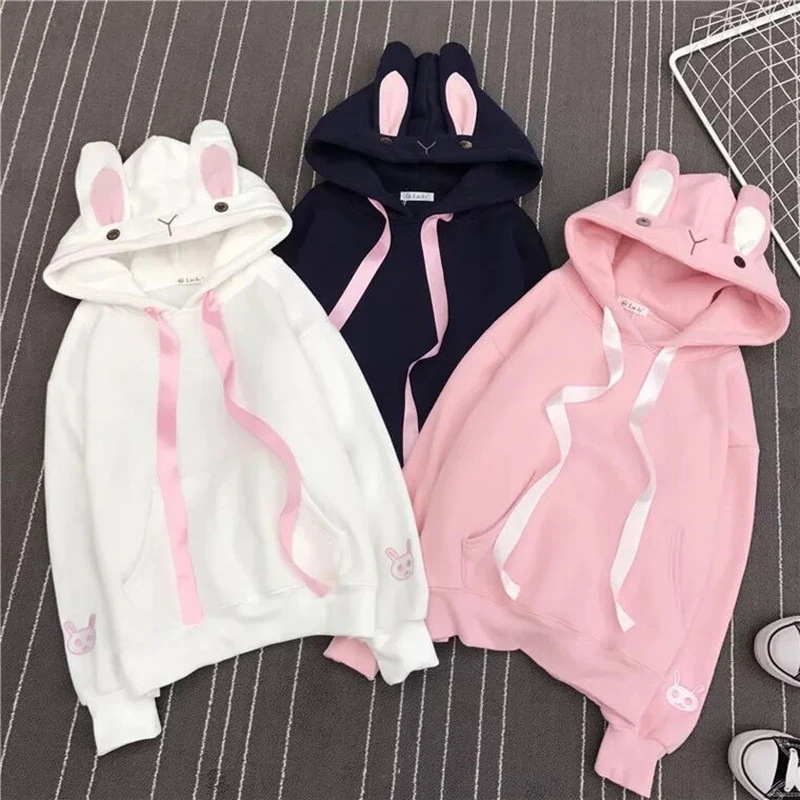 Women Rabbit Hat Long Sleeve Hoodie Sweet Solid Color Sweatshirt Pullover Tops Women Rabbit Hat Long Sleeve Hoodie Sweet Solid Color Sweatshirt Pullover Tops