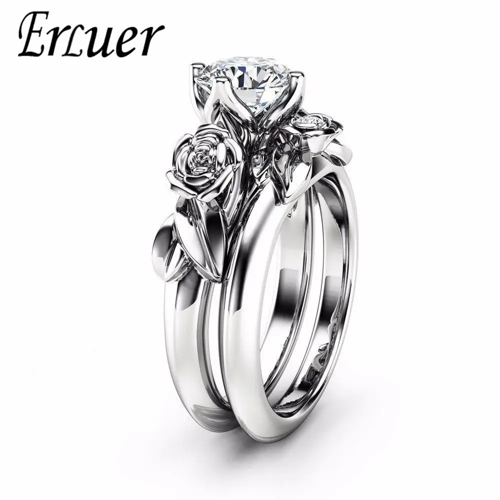 

ERLUER Classic Wedding Round Finger Rose Flower Silver plated Rings For Women Girls Crystal CZ Jewelry Trendy Love Gift Ring Set