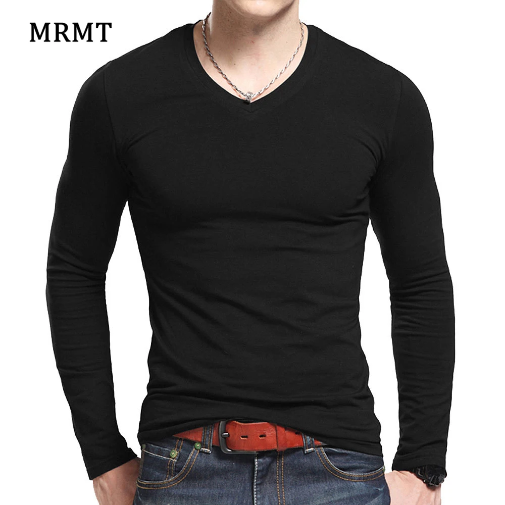 

Lycra cotton men's long sleeve v neck t shirt 2023 MRMT The autumn men T cotton T-shirt slim solid tight t shirt