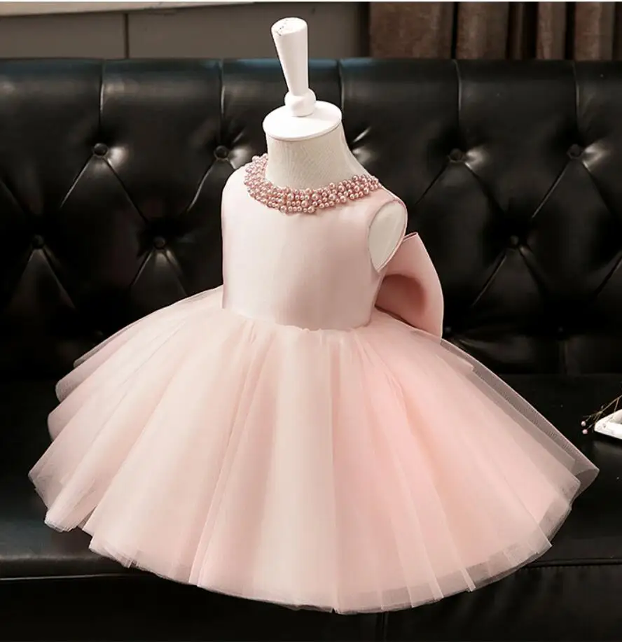  Newborn Baby Girls Baptism Dresses for 1 Year 1st Birthday Beaded Pink Tulle New Born Princess Chri