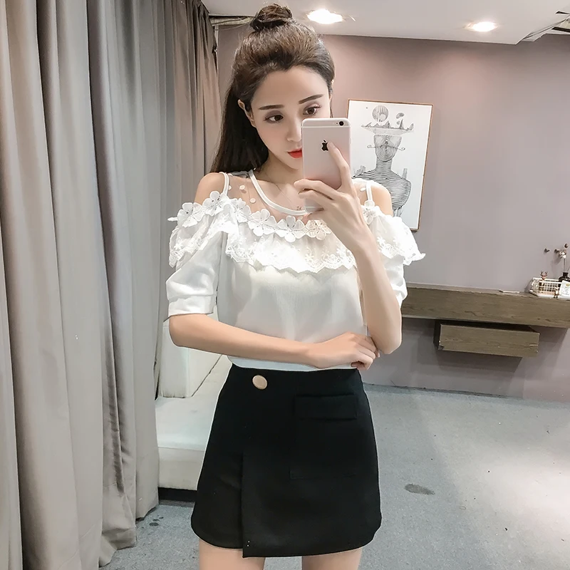 

Solid Pink Fashion Female Casual Clothing New 2018 Summer Women Chiffon Blouse Shirt Short Sleeve Patchwork Mujer Tops S6584