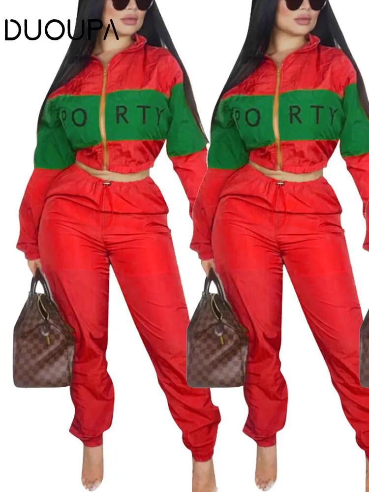 

DUOUPA Two-piece Autumn Full Sleeve Zipper Letter Print Two-color Stitching Set