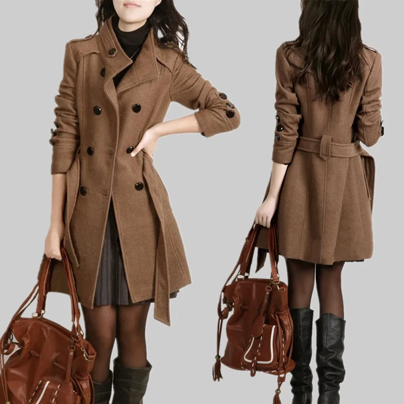 Noir Boutonnage Grande Hiver Al418 À Et Long Taille Nouvelle Manteau Solide Laine Couleur Automne De marron Mince Double qaF7Cw7