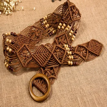 

New fashion Brand Bohemian style belts for women ladies wooden bead Braided wide knitted belts for female dress