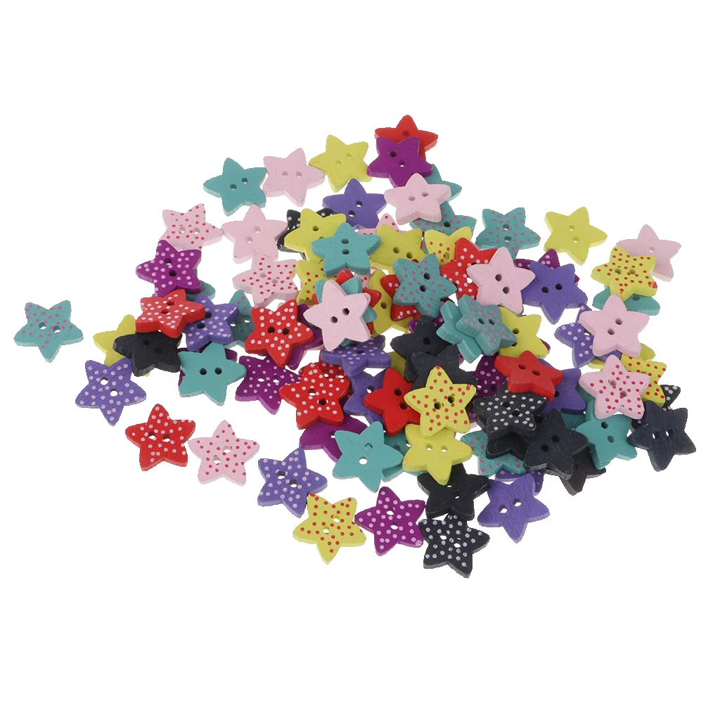 100pcs Mixed Star Shaped Wooden Buttons Polka Dot Buttons for Sewing Craft