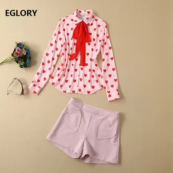 

High Quality Short Sets 2019 Summer Casual Two Piece Set Ladies Sweetheart Print Long Sleeve Pink Shirt+Solid Short Suits Girl