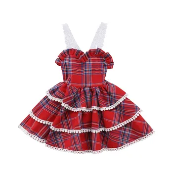 

Princess Kids Baby Girl Dress Summer Lace Plaid Ruffle Layered Party Pageant Elegant Dresses England Style Casual Clothes