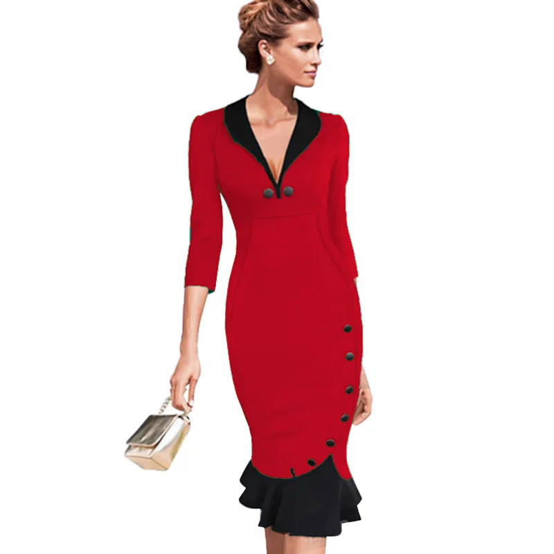 

Female Autumn Solid Color Buttons Bodycon Casual Work Business Dress Elegant V-Neck Wiggle Office Pencil Dresses EUB27