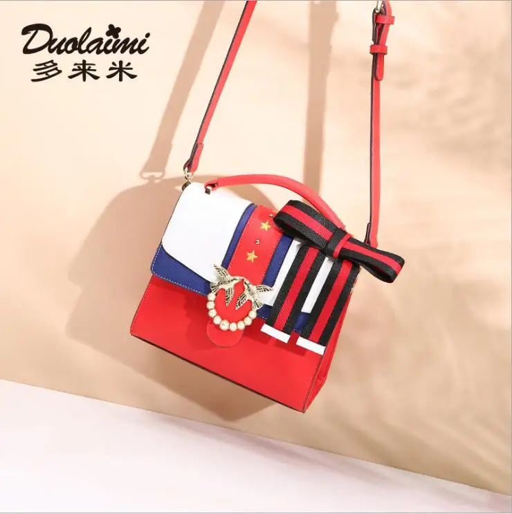 

DuoLaiMi 2018 New Arrival Fashion Bow Star Panelled Red Preppy Style Rivet Red For Women Cross body Shoulder Handbag Bag Flap