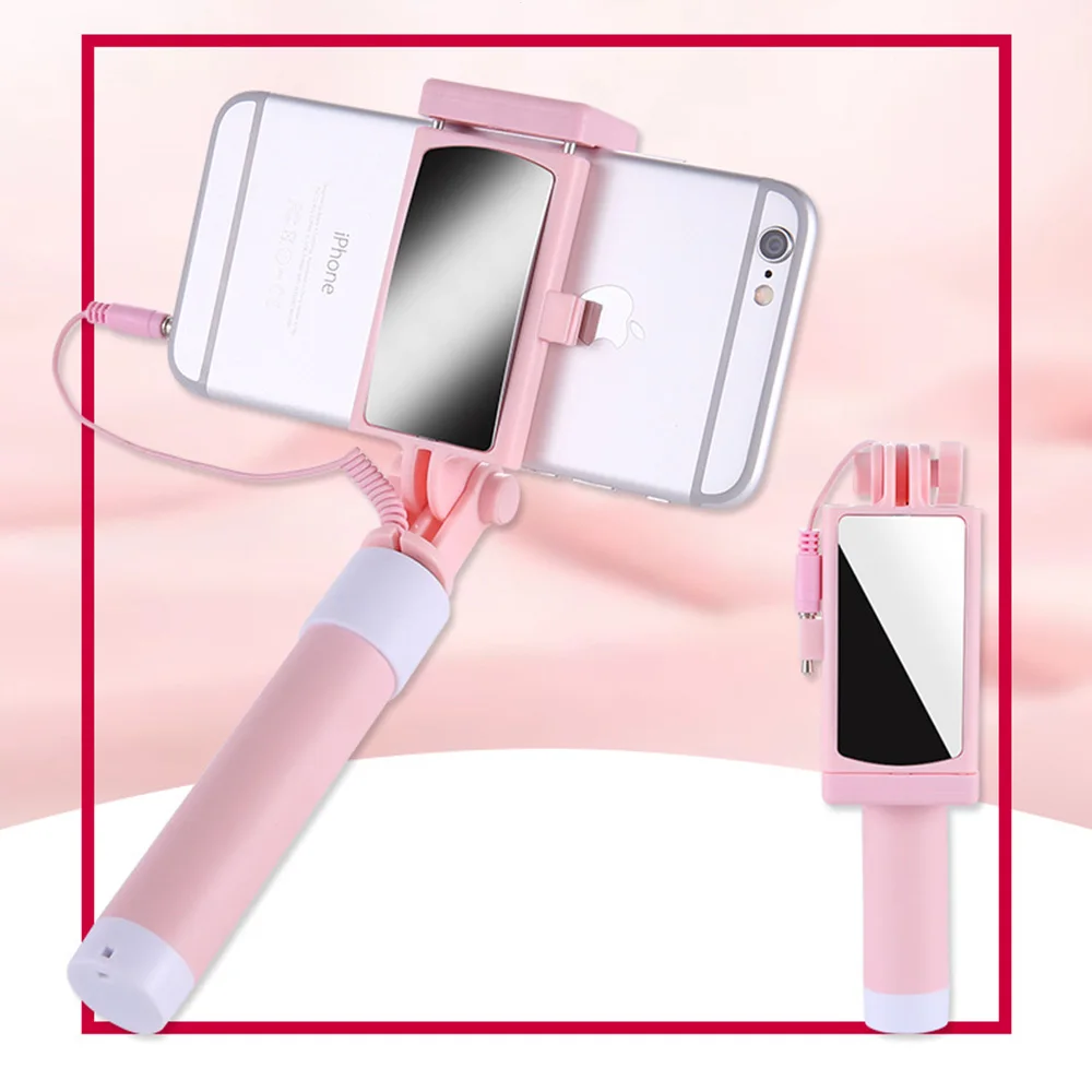 Mirror Mini Selfie Stick With Button Wired Silicone Handle Monopod