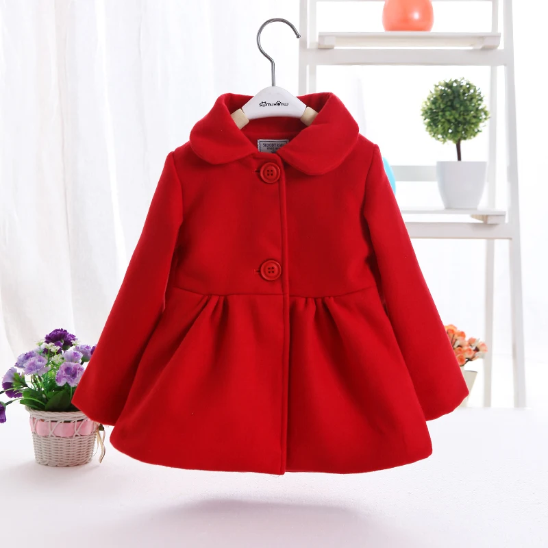 

2023 Spring Fall New Little Girls Red Woolen Coat Female Baby Kids Casual Lapel Wool Jacket Children Clothes Long Outerwear X64