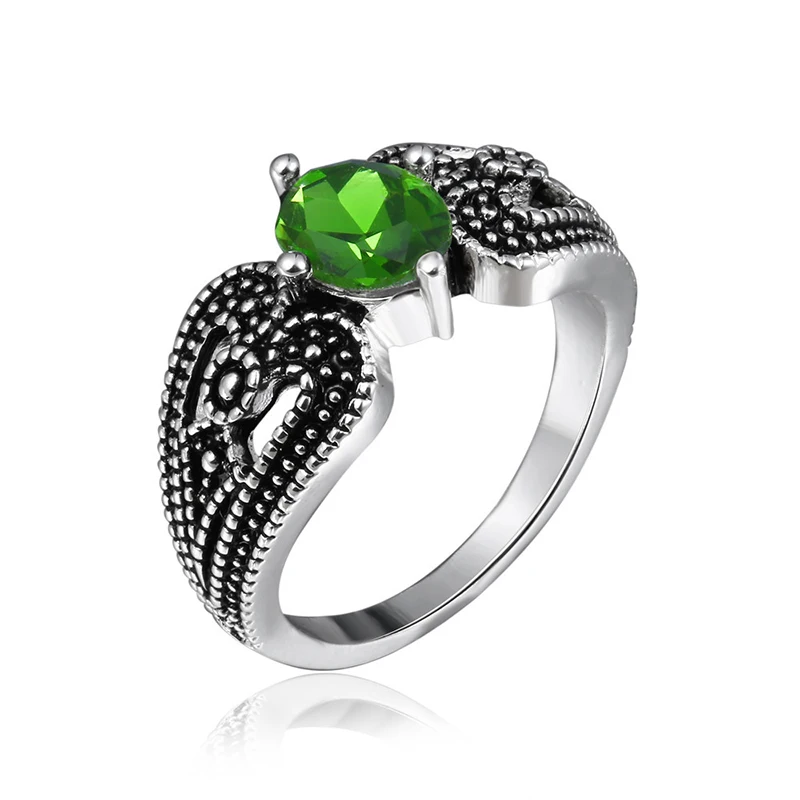 CANNER Женский Зеленый хрустальный камень ожерелье длинные висячие серьги ретро кольца на палец винтажные серебряные Ювелирные наборы Q40 - Окраска металла: Ring 7