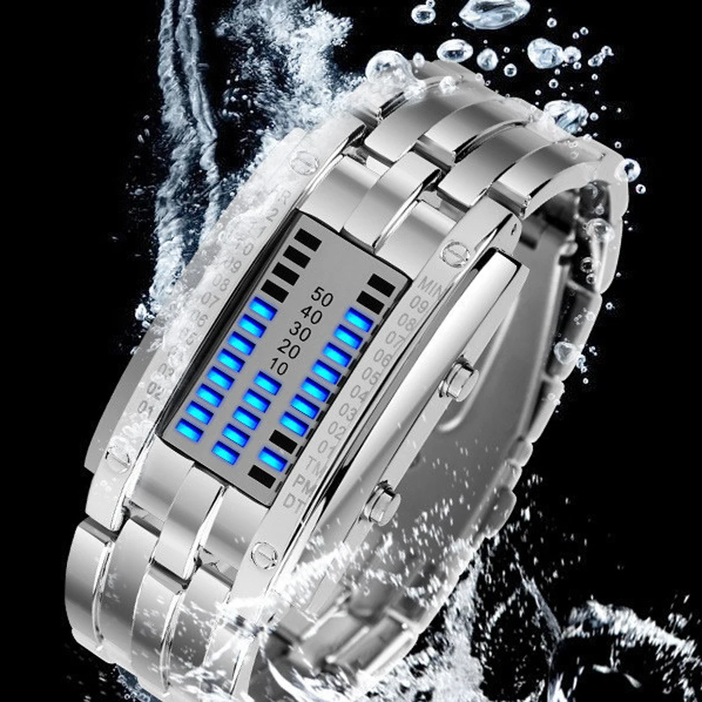 Роскошные часы для влюбленных мужчин и женщин из нержавеющей стали синий бинарный световой светодиодный электронный дисплей спортивные часы Мода