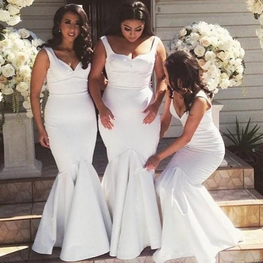 Белые атласные 2019 дешевые платья подружек невесты русалка под 100 v-образным вырезом Длинные свадебные праздничные платья для женщин платье