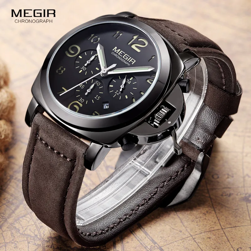  Megir Men's Chronograph Luminous Quartz Watches with Calendar Date Round Analog Military Leather St
