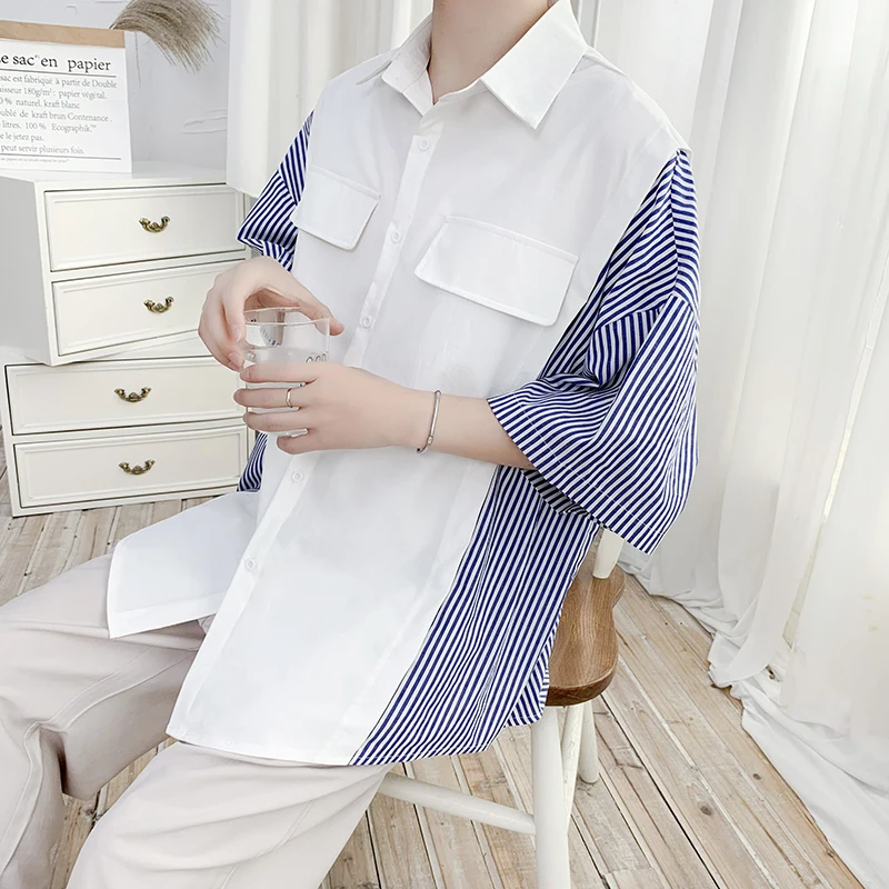 

Summer New Dress Shirt Men Fashion Striped Stitching Casual Shirt Man Streetwear Short-sleeved Shirt Wild Loose Social Men Shirt