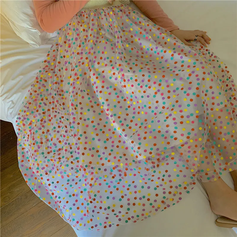 

2019 spring and summer High elastic Waist long skirts womens colorful polka dot mesh patchwork ball grown skirt womens (R5591)