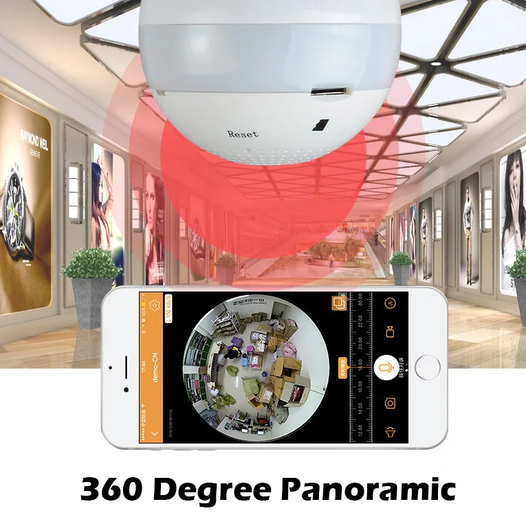 360 градусов панорамный рыбий глаз Беспроводной экшн-камера с Wi-Fi подключением P2P IP HD 1.3MP/2MP Ночное видение E27 смарт-лампы в виде Поддержка камеры безопасности TF карты
