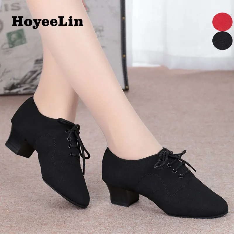 

HoYeeLin Split Sole Dance Practice Shoes Women Ladies Oxford Fabric Lace Up Indoor Teacher's Modern Dancing Shoes Heeled 4CM