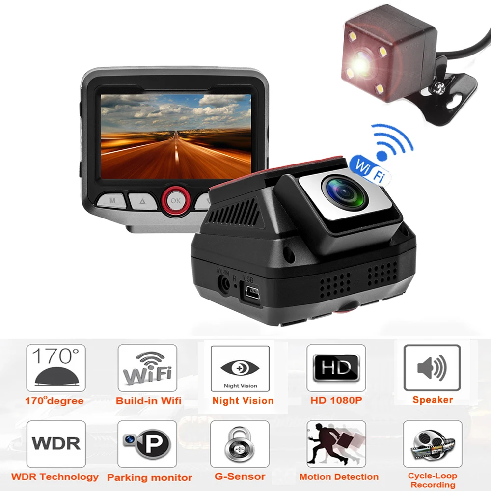 Авто 2 45 &quotDash Cam HD Двойной объектив видео Регистраторы Wi Fi Скрытая Dash