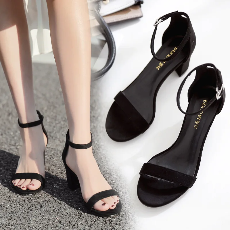 

Roman sandals female thick with summer new 2019 with Korean version of the word buckle with suede wild open toe high heel women.