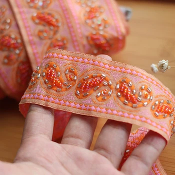 

2yard orange High Quality Hand Made Beaded Sequined Wedding Lace Trim Embroidered Retro Lace Bridal 1.581.5'' Wide