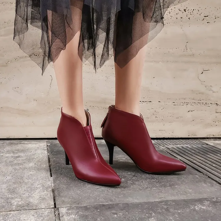 Женские ботинки осенне-зимние ботильоны на высоком каблуке, с молнией, с острым носком, разных цветов, новые простые Универсальные ботинки, Модные Бежевые, большие размеры 34-48 - Цвет: wine red